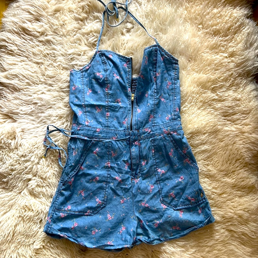 Romper Denim with pink flowers